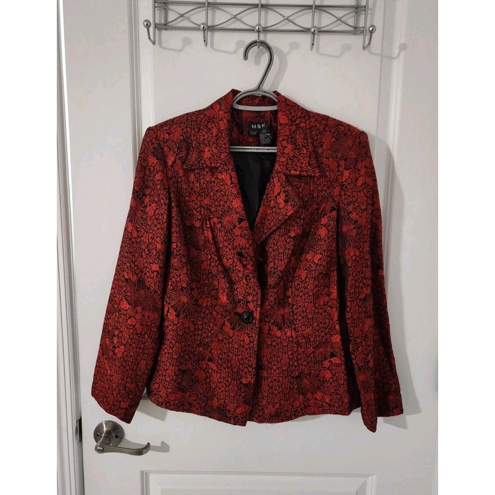 MSK Floral Lined Blazer Jacket Women's One Button Red Black SILK Size M